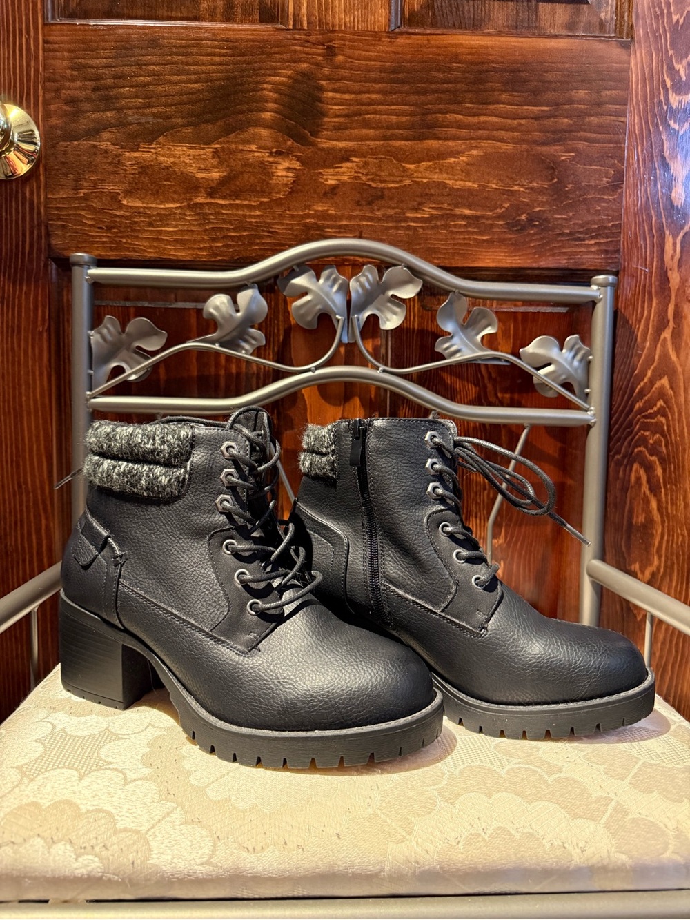 torrid Black Lace-Up Faux Leather Ankle Heeled Boots with Knit Collar